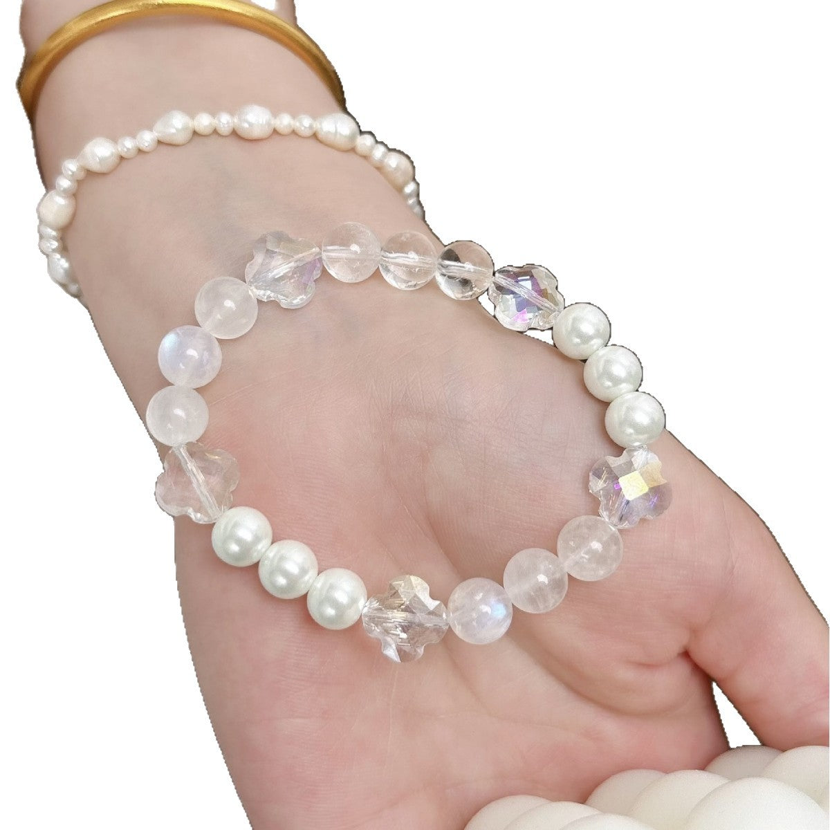 Natural Crystal Bracelet, Blue Moonstone, Multi-Gem Crystal Jewelry, Original Design, Shi Family Pearl Four-Leaf Clover Bracelet