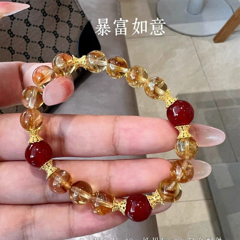 Original Design Natural Citrine and Yellow Tower Quartz Bracelet with Red Agate Wealth-Attracting Beads for Women