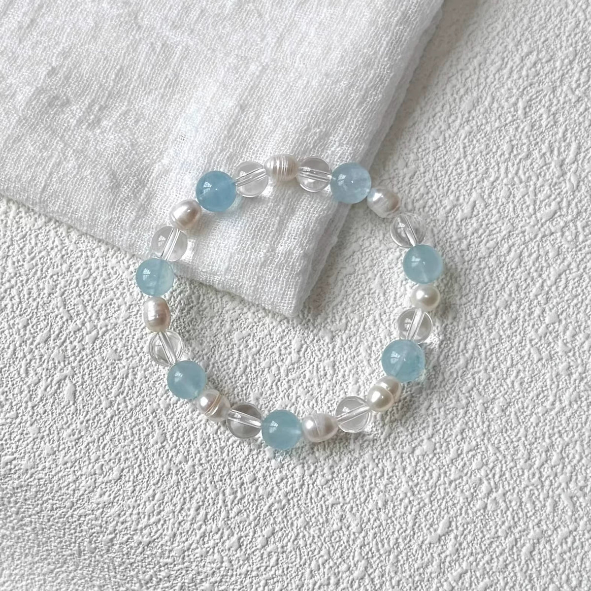 Summer-Inspired Transparent Aquamarine, Natural Clear Quartz, and Freshwater Pearl Bracelet for Women—Multistone Bracelet
