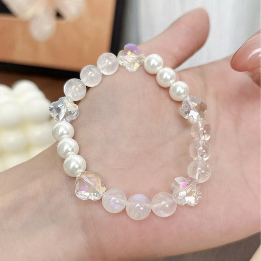 Natural Crystal Bracelet, Blue Moonstone, Multi-Gem Crystal Jewelry, Original Design, Shi Family Pearl Four-Leaf Clover Bracelet