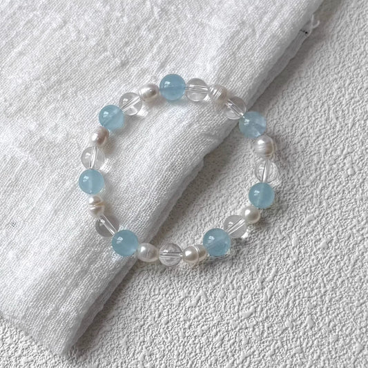 Summer-Inspired Transparent Aquamarine, Natural Clear Quartz, and Freshwater Pearl Bracelet for Women—Multistone Bracelet