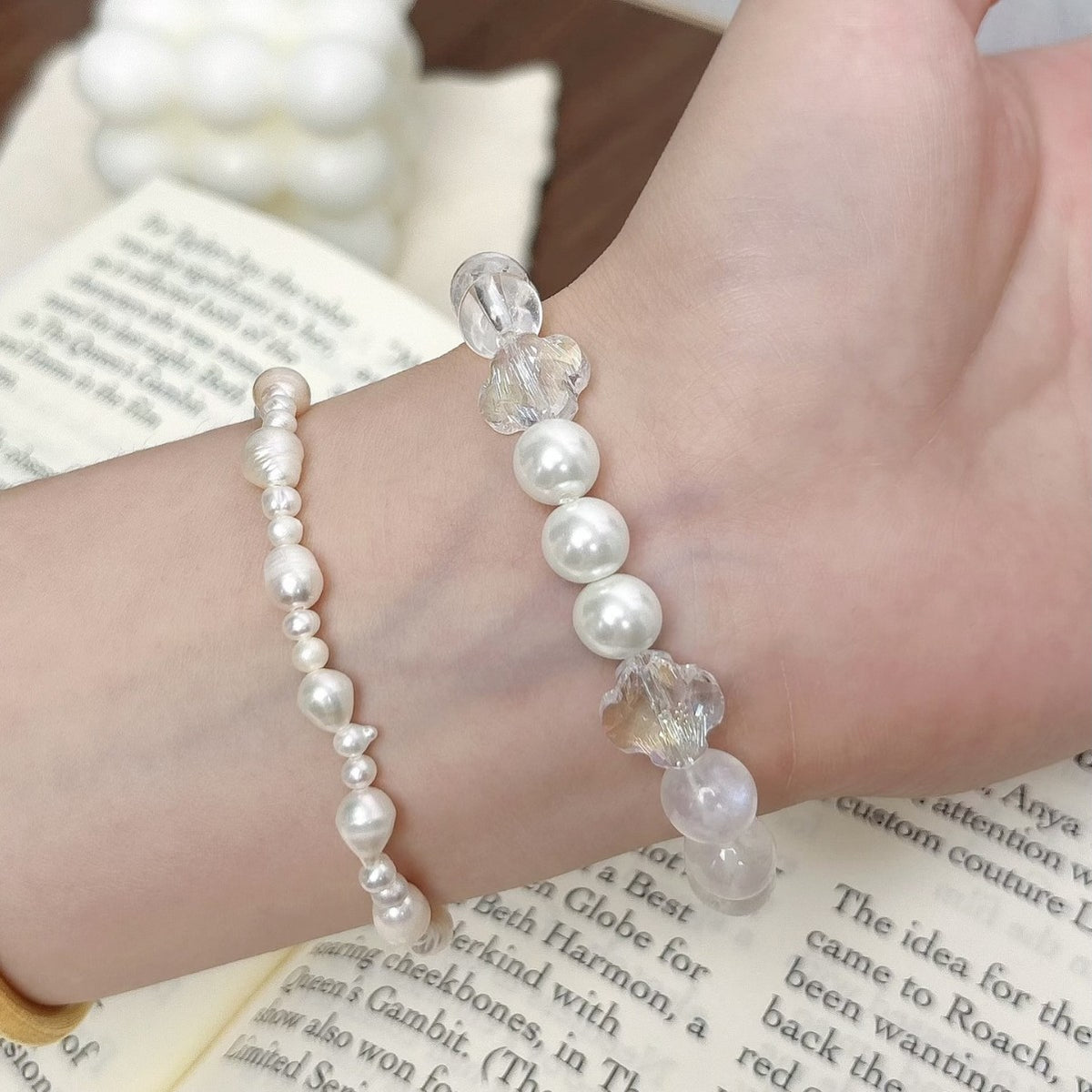 Natural Crystal Bracelet, Blue Moonstone, Multi-Gem Crystal Jewelry, Original Design, Shi Family Pearl Four-Leaf Clover Bracelet