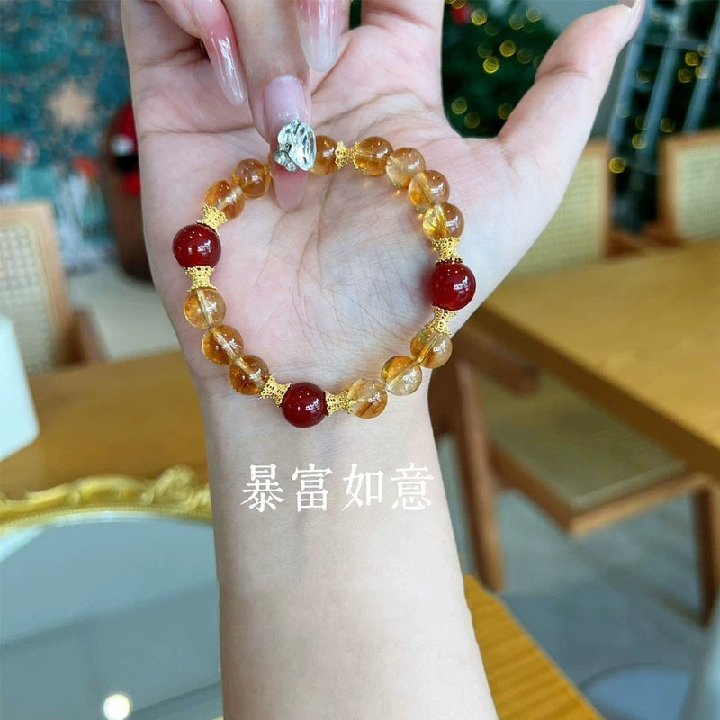 Original Design Natural Citrine and Yellow Tower Quartz Bracelet with Red Agate Wealth-Attracting Beads for Women