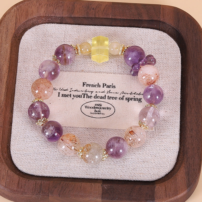 Nine Purple Fire: Natural Purple Rabbit-Hair Quartz Women's Bracelet in Black and Gold—A Luxurious Bracelet for Attracting Wealth