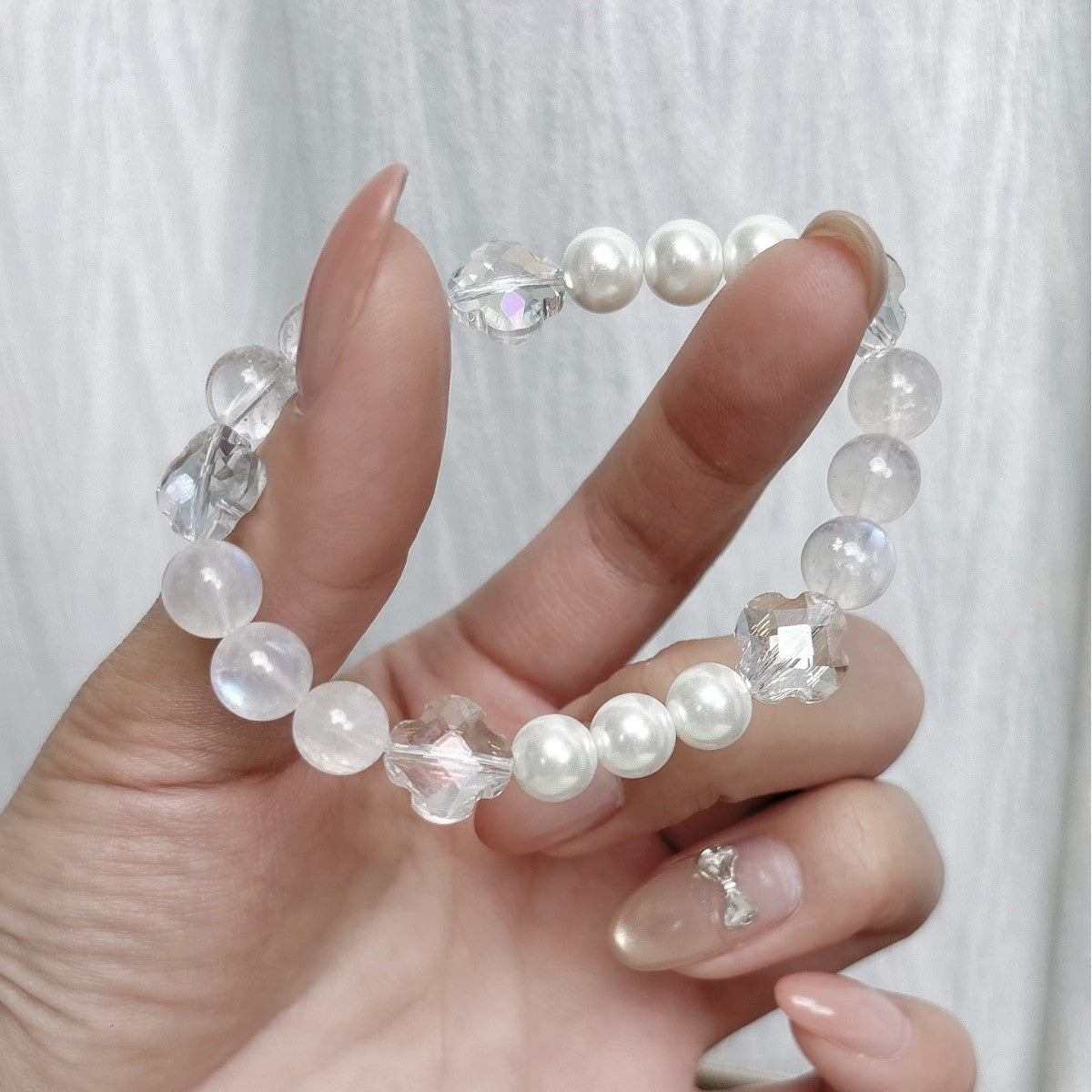 Natural Crystal Bracelet, Blue Moonstone, Multi-Gem Crystal Jewelry, Original Design, Shi Family Pearl Four-Leaf Clover Bracelet