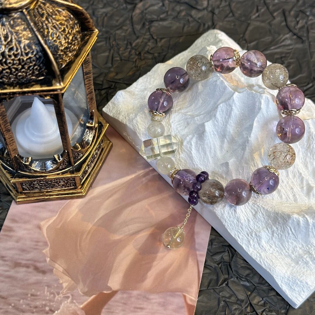 Nine Purple Fire: Natural Purple Rabbit-Hair Quartz Women's Bracelet in Black and Gold—A Luxurious Bracelet for Attracting Wealth