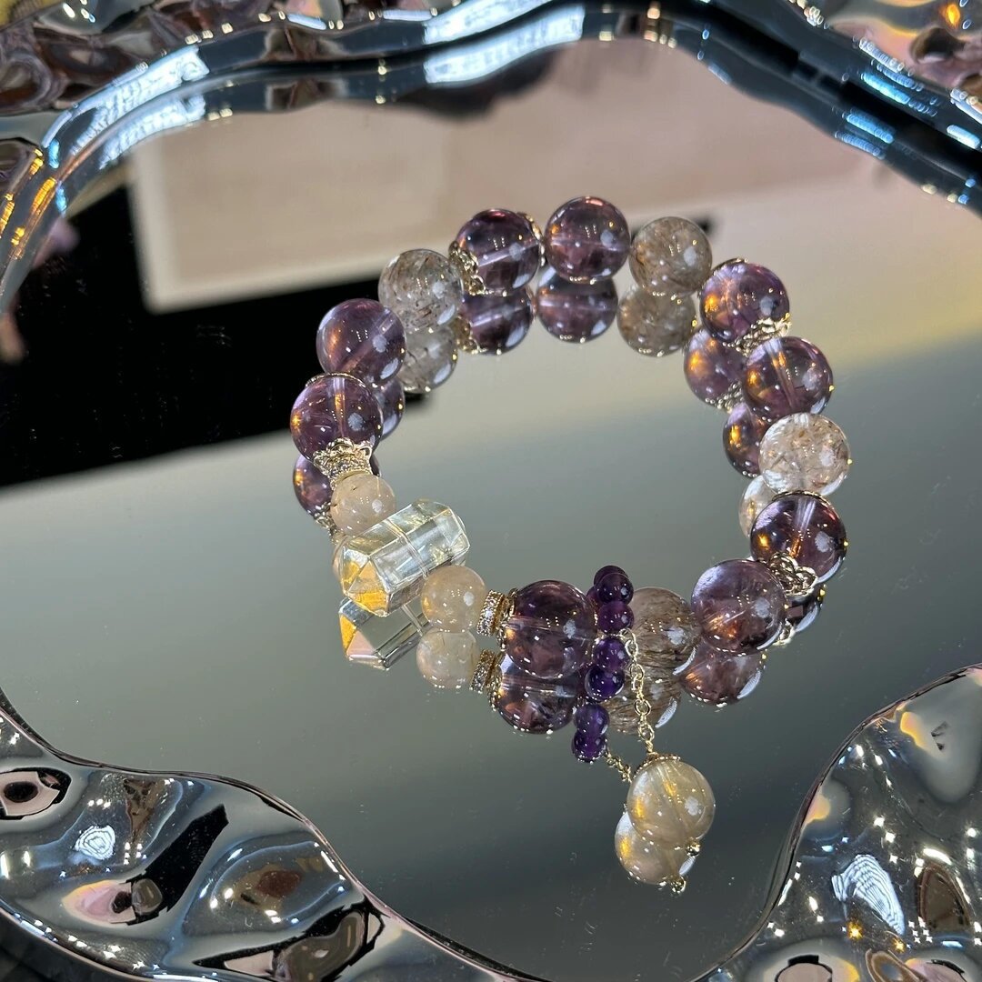 Nine Purple Fire: Natural Purple Rabbit-Hair Quartz Women's Bracelet in Black and Gold—A Luxurious Bracelet for Attracting Wealth