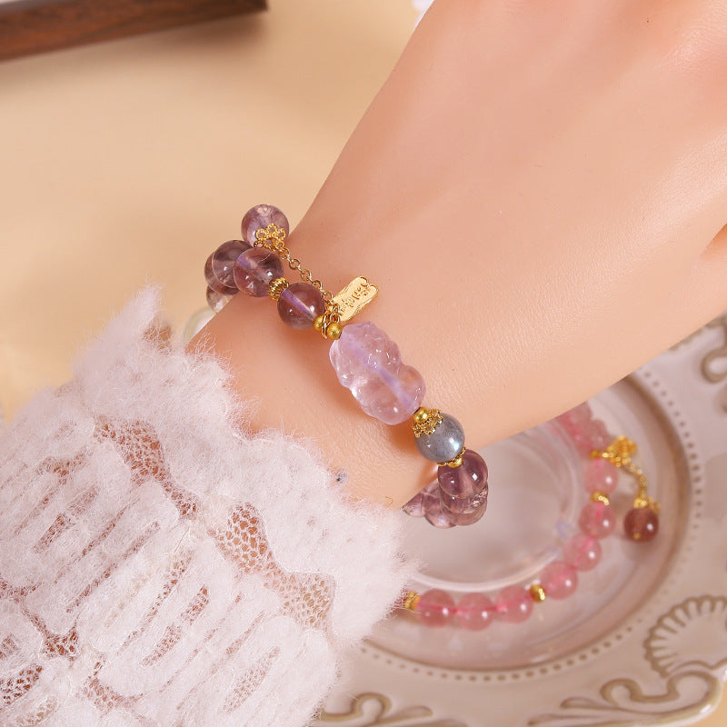 Fortune-Boosting Pixiu Amethyst Bracelet for Women | Wealth-Attracting Strawberry Quartz and Natural Citrine Bracelet | Attract Wealth and Bring Good Luck