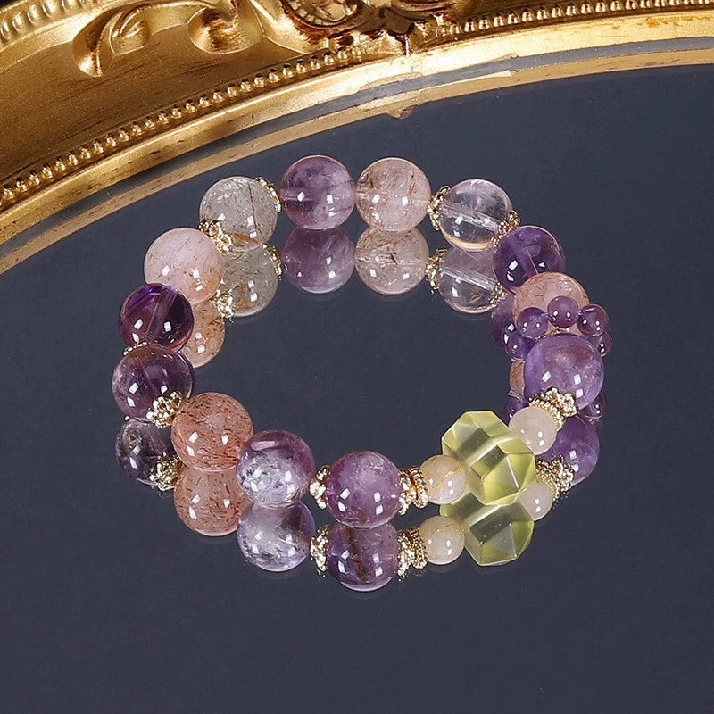 Nine Purple Fire: Natural Purple Rabbit-Hair Quartz Women's Bracelet in Black and Gold—A Luxurious Bracelet for Attracting Wealth